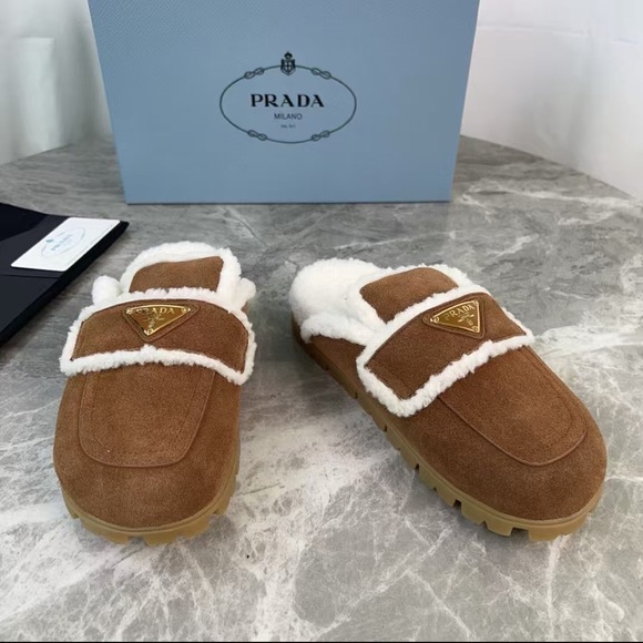 Prada Brown Suede Slippers with White Fur - Picture 3 of 8